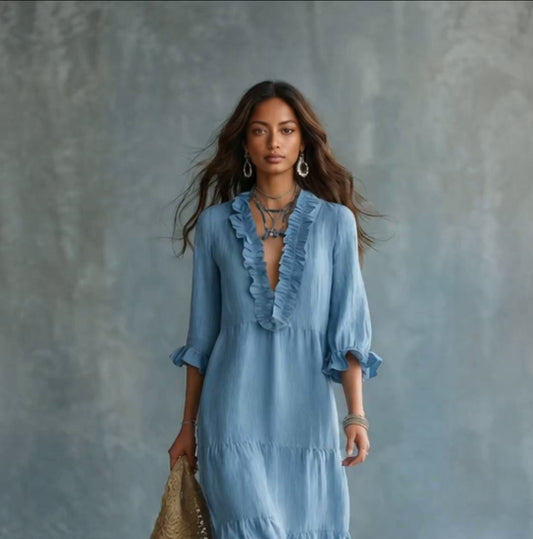 Anita - Vestido Maxi Boho Azul Cielo con Escote en V y Volantes