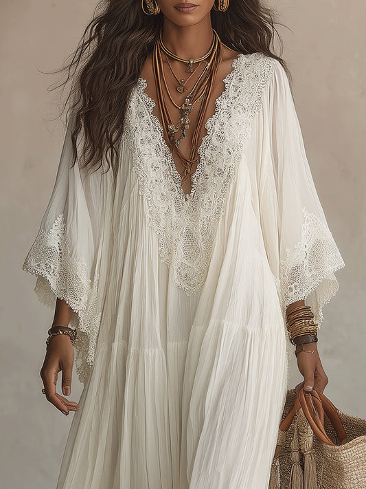Celeste - Vestido Largo de Chifón Marfil con Mangas Murciélago y Encaje