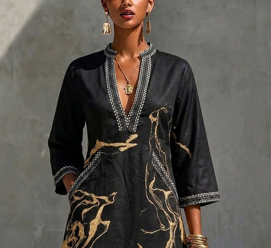 Donatella - Vestido Mini Negro con Estampado Mármol Dorado