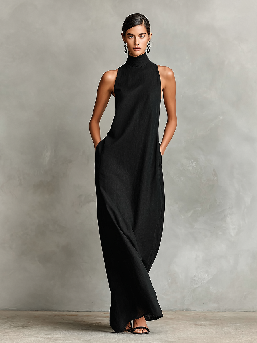 Celestina - Vestido Largo de Lino con Cuello Alto