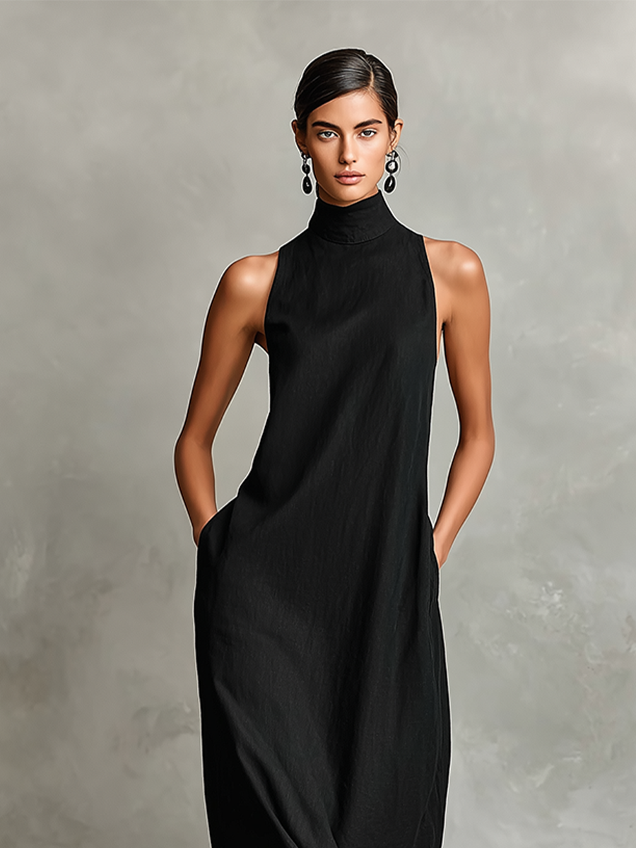 Celestina - Vestido Largo de Lino con Cuello Alto