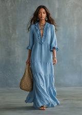 Anita - Vestido Maxi Boho Azul Cielo con Escote en V y Volantes