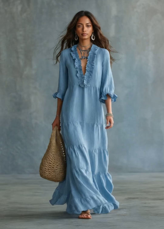 Anita - Vestido Maxi Boho Azul Cielo con Escote en V y Volantes