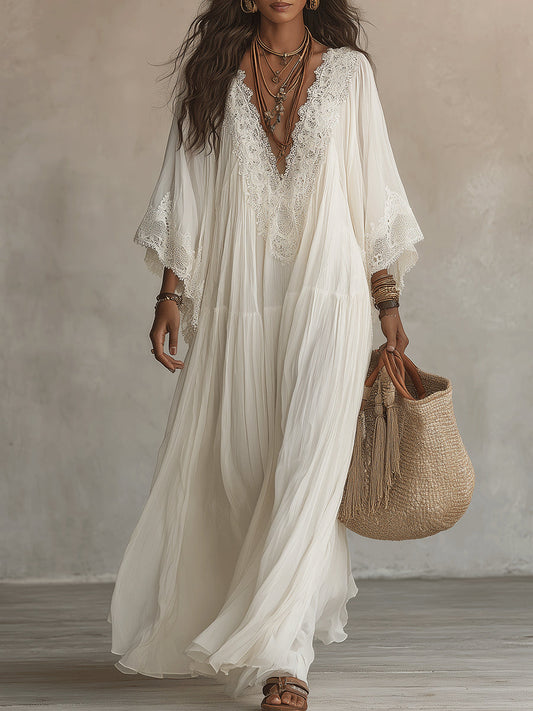 Celeste - Vestido Largo de Chifón Marfil con Mangas Murciélago y Encaje