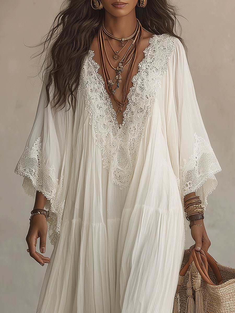 Celeste - Vestido Largo de Chifón Marfil con Mangas Murciélago y Encaje
