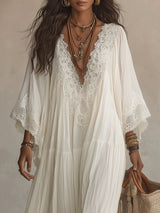 Celeste - Vestido Largo de Chifón Marfil con Mangas Murciélago y Encaje