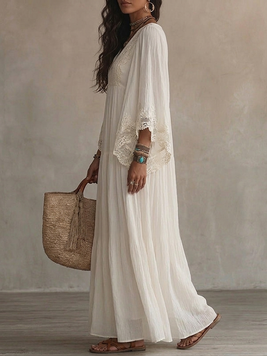 Celeste - Vestido Largo de Chifón Marfil con Mangas Murciélago y Encaje