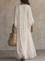 Celeste - Vestido Largo de Chifón Marfil con Mangas Murciélago y Encaje