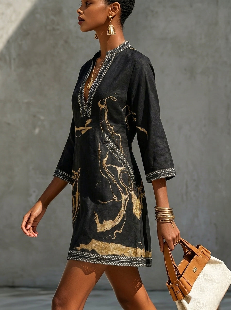 Donatella - Vestido Mini Negro con Estampado Mármol Dorado y Encaje Crochet