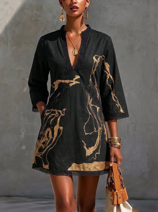 Donatella - Vestido Mini Negro con Estampado Mármol Dorado