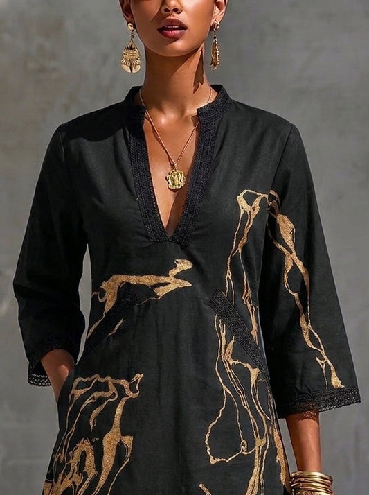 Donatella - Vestido Mini Negro con Estampado Mármol Dorado