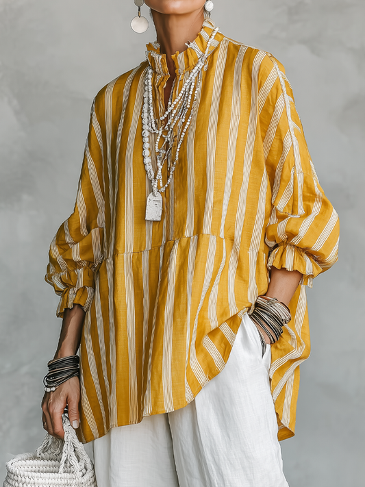 Malena - Camisa con Cuello Mao y Rayas Verticales