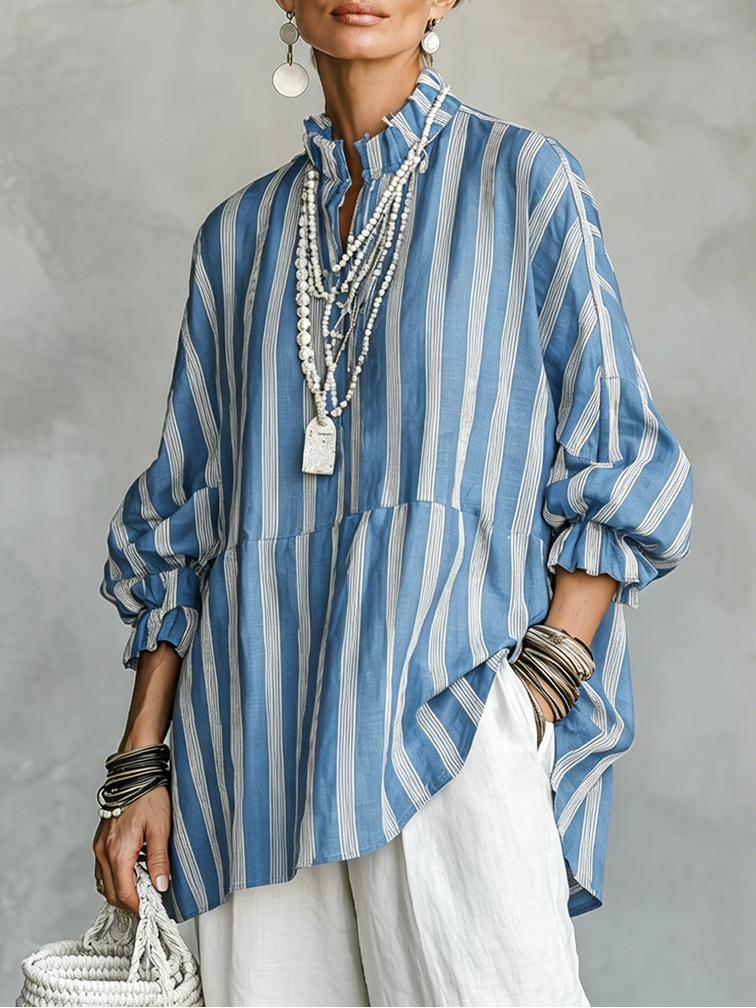 Malena - Camisa con Cuello Mao y Rayas Verticales