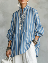 Malena - Camisa con Cuello Mao y Rayas Verticales