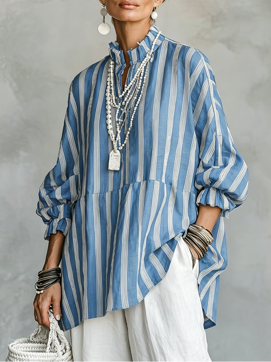 Malena - Camisa con Cuello Mao y Rayas Verticales