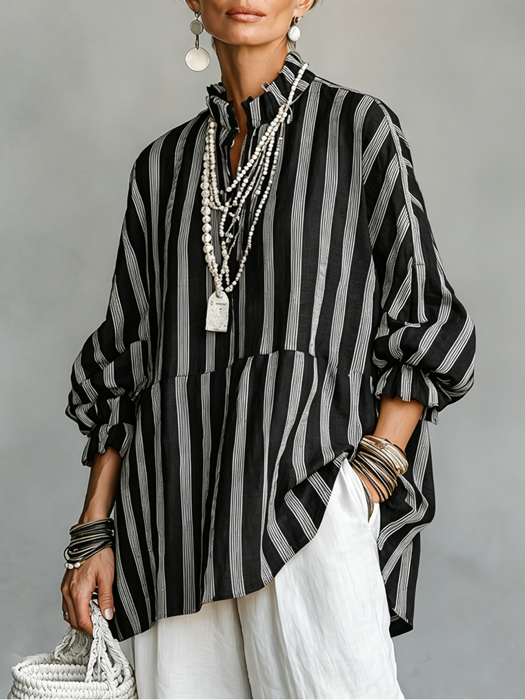 Malena - Camisa con Cuello Mao y Rayas Verticales