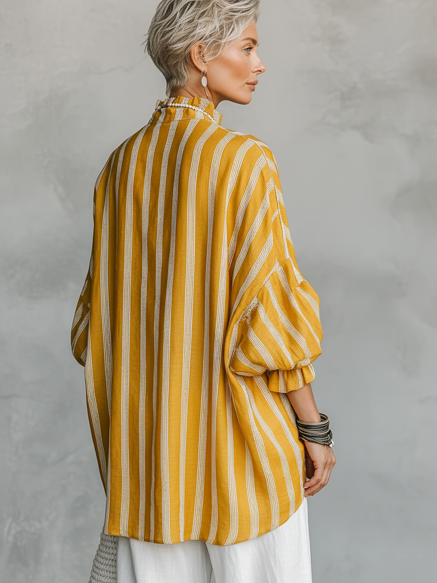 Malena - Camisa con Cuello Mao y Rayas Verticales