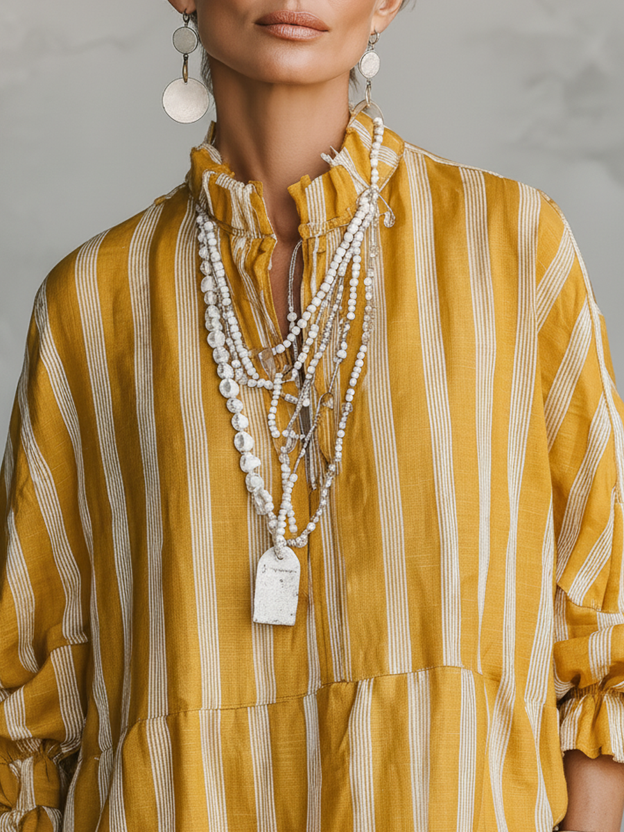 Malena - Camisa con Cuello Mao y Rayas Verticales