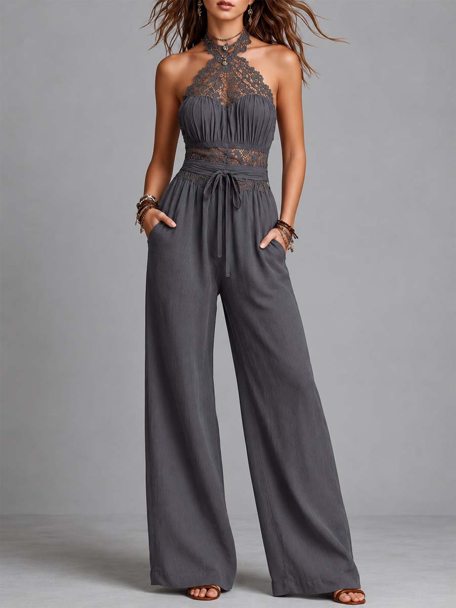 Marlene - Mono de Pierna Ancha con Cuello Halter de Encaje