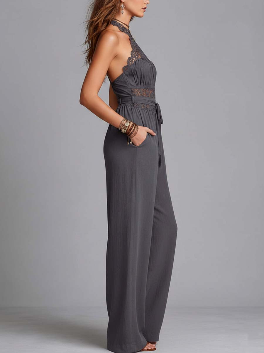 Marlene - Mono de Pierna Ancha con Cuello Halter de Encaje