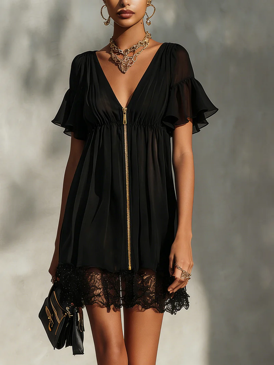 Rachele - Minivestido Negro de Chifón con Cremallera Dorada y Encaje