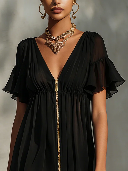 Rachele - Minivestido Negro de Chifón con Cremallera Dorada y Encaje