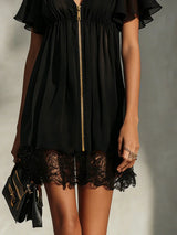 Rachele - Minivestido Negro de Chifón con Cremallera Dorada y Encaje