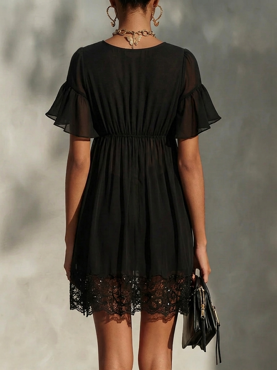 Rachele - Minivestido Negro de Chifón con Cremallera Dorada y Encaje